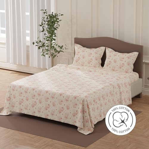 Image of Layers 100% Cotton Bedsheet for Double Size Bed | Lumina Floret Collection | 144 TC Soft & Breathable | Floral Print with 2 Pillow Covers | Wrinkle Free & Colorfast | 3 Piece Bedding Set - Pink