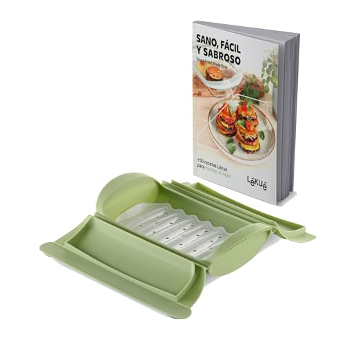 Lékué Estuche de vapor silicona platino Verde con bandeja y libro de recetas en español, 1-2 personas, 650 ml