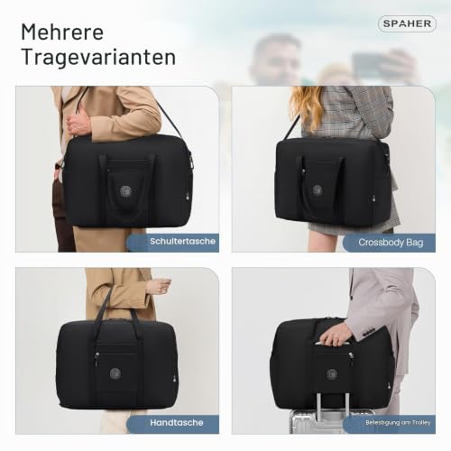 SPAHER Reisetasche Handgepäck Tasche 55x40x23 Lufthansa Wizzair Eurowings Leichte Reisetasche Groß Faltbare 50L wasserdichte Tasche Flugzeug Travel Duffle Bag Cabin Bag Weekender Damen Herren