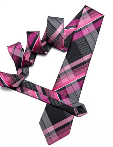Image of Barry.Wang Plaid Ties Mens Silk Necktie and Tie Clip Checkered Tie for Wedding Party Business Formal