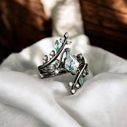 Kite Cut Natural Green Moss Agate Engagement Ring with Moissanite Accents, Art Deco 14K Rose Gold Bridal Set, Nature Leaf Design Wedding Band & Ring – 2-Piece Handmade Jewelry Gift for Her4