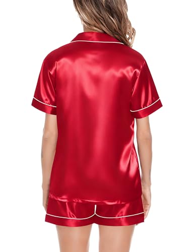 Image of SWOMOG Satin Matching Pajamas Sets Couple Silk Button Down Nightwear Women & Men Short Sleeve Sleepwear 2 Pieces Loungewear