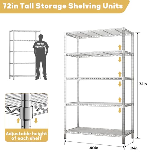 Image of ROOMTEC 5-Tier Wire Shelving Unit,40 inch W*16 inch D*72 inch H,Max Load 2000 lbs