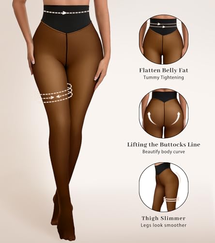 ciksob Fleece Lined Tights Women Winter Thermal Leggings Pantyhose Fake Translucent Hight Waist Thick Warm Sheer Stockings (Small, Dark Brown) - image 2