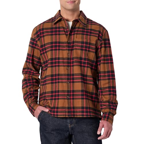 Amazon Essentials (La elección de Demi) Camisa de Franela de Manga Larga y Corte Holgado Hombre, Castaño Oscuro Rojo Patrón A Cuadros Sencillo, M