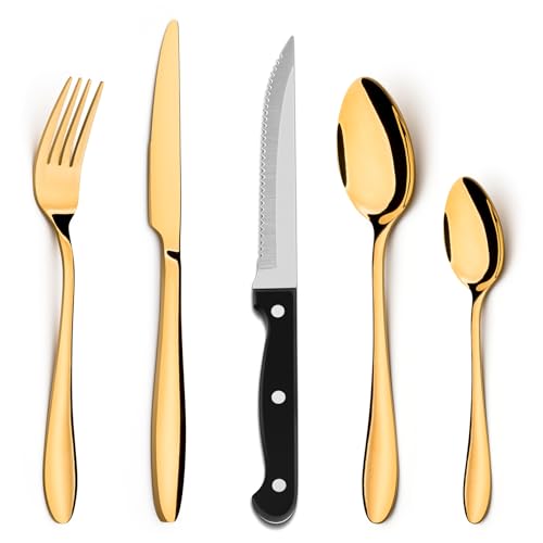 HaWare 30 Piece Gold Cutlery Set, 24 Pcs Stainless Steel Flatware with 6 Pcs Steak Knives, Elegant Forks Spoons Knives Silverware, Service for 6, Mirror Polished, Dishwasher Safe
