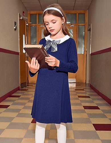 Image of Arshiner Girls Long Sleeve Vintage Peter Pan Collar T-Shirt Dress Age 4-13 Years