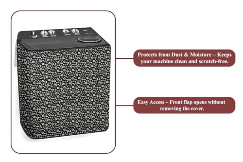 Image of The Furnishing Tree Polyester Waterproof Semi Automatic Washing Machine Cover Suitable for LG 9 Kg, 9.5 Kg & 10 Kg, Dimension DxWxH In Cms: ( 53.3x89x99 ), Floral Pattern White