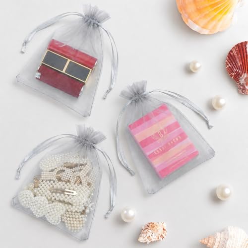 Image of ANZNKU 100 Pack Gray Organza Bags 5x7 In, Small Mesh Gift Bags Bulk with Drawstring for Jewelry Candy Sachet Soap, Goodie Pouches for Wedding Baby Bridal Shower & Birthday Party Favors
