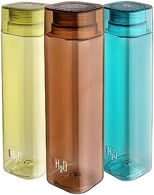 CELLO Squaremate Plastic Water Bottles, 1-Liter, Set Of 5, BPA-Free & Leak-Proof, Assorted Colors