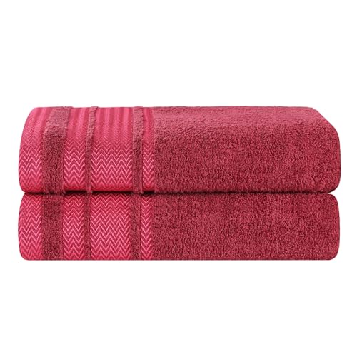 SUPERIOR Hays Cotton 2 Piece Bath Towel Set, Absorbent Medium Weight Essentials for Home, Spa, Guest Bathroom, Quick Drying and Durable, Shiny Dobby Border, Includes 2 Bath Towels, Cranberry