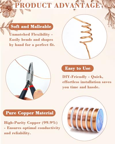 FIVEIZERO 6 Rolls 6 Size Jewelry Making Copper Wire Kit - 18/20/22/24/26/28 Gauge Pure Dead Soft Bare Copper Wire for Electroculture Gardening, Crafting, Beading, Sculpting - Thumbnail 4