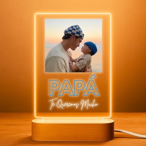 Cristal Plaque – Lámpara Personalizada PAPÁ con Foto y Texto “Papa” Te queremos mucho | Placa Metacrilato LED Vertical | Regalo Original Día del Padre o Cumpleaños | Luz USB