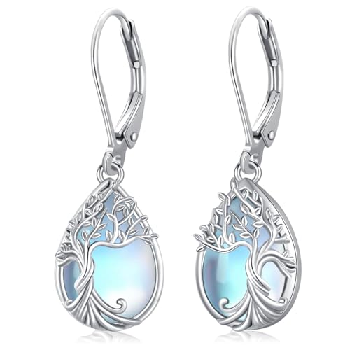 Boucles d'oreilles Arbre de Vie anti-allergie en argent et pierre de lune