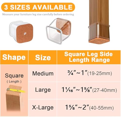 Image of JICOOT 4 Pcs Chair Leg Floor Protectors for Wooden & Tile Floors | Square Silicone Furniture Leg Caps with Felt Pads | Anti-Scratch, Noise-Reducing Chair & Stool Leg Covers | Clear, Large