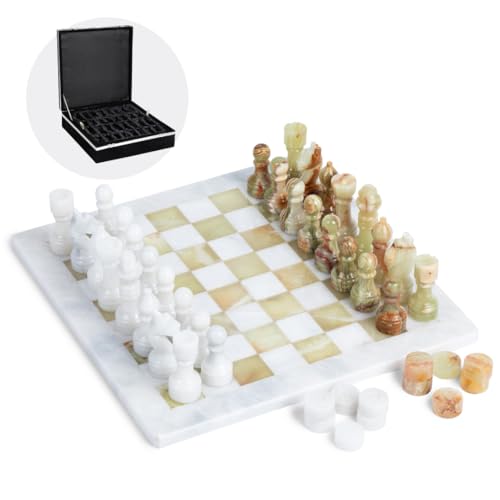 Marble Chess and Checkers Set – Luxury Tabletop Game and Coffee Table Decor – Elegant 3-in-1 Marble Game for Room Decor, Modern Home Accents, and Functional Décor (White and Onyx)