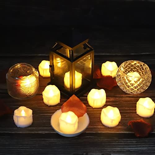 Diyife Tea Lights, [12pcs] [Wax Dripping Effect] Realistic Bright Flickering Battery Operated Flameless Tealights, Long Lasting Fake Candles in Warm Yellow for Christmas, Halloween, Birthday