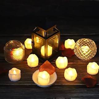 Diyife Tea Lights, [12pcs] [Wax Dripping Effect] Realistic Bright Flickering Battery Operated Flameless Tealights, Long Lasting Fake Candles in Warm Yellow for Christmas, Halloween, Birthday