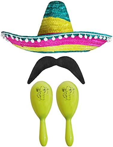 MEXICAN FANCY DRESS ACCESSORY SET - MEXICAN SOMBRERO WITH MARACAS AND TASH BLACK POM POM SOMBRERO + 2X GREEN MARACAS