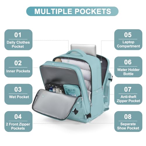 Image of Large Travel Backpack Carry on Flight Approved Mochila De Viaje Carry on Backpack for Airplanes Spirit Airlines Personal Item Bag 18x14x8 Inches Travel Bag Traveling Backpack for Women Men Light Blue