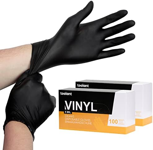 OKIAAS Black Gloves X-Large, Vinyl Gloves Latex Free, 5 mil, 200 Count, for Food Prep, Household Cleaning, Hair Dye, Tattoo