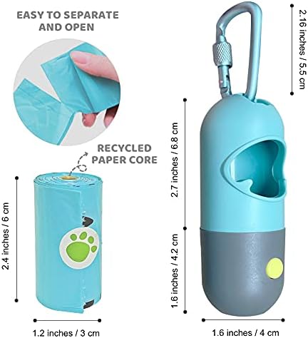 Dog Poo Bag Holder with Built-in LED Torch and Metal Clip for Lead, Each Poo Bag Dispenser Includes 15 Dog Poo Bags (1, Crystal Blue)