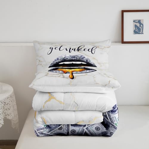 Image of Feelyou US Dollars Sexy Lips Bedding Set King Size, Get Naked Lips Comforter Set for Kids Golden Marble Comforter Boys Girls Funny Get Naked Duvet Set Bed Set 3Pcs