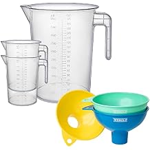 5 Liter 1 Gallon Plastic Graduated Pitcher for Measuring and Mixing 3-Pack + Food Grade, Wide Mouth, Canning Funnels 3-Pack