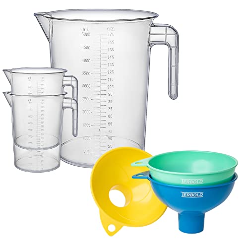 Terbold 5 Liter (1 Gallon) Plastic Graduated Pitcher for Measuring and Mixing (3-Pack) + Food Grade, Wide Mouth, Canning Funnels (3-Pack)