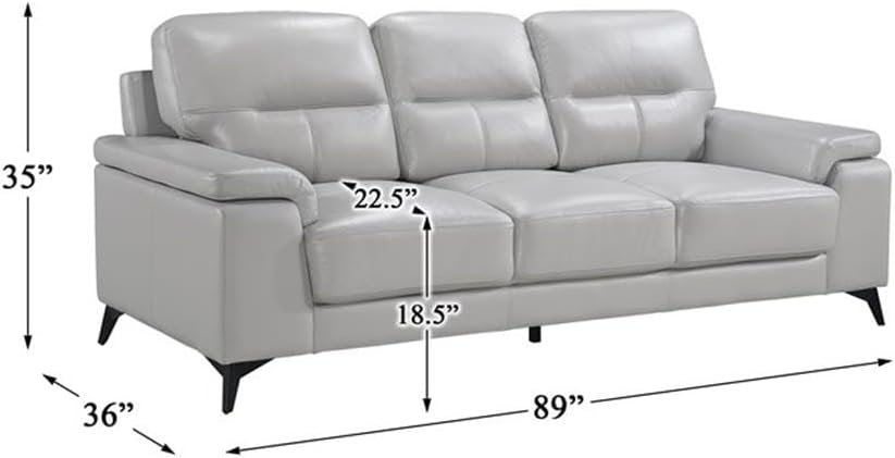 Pemberly Row Leather Match Sofa, Silver Gray Top Grain Leather and Faux Leather, 88.75 in Wide, 35 in High, Plush Seating, Modern Black Metal Legs, Pillow-Top Arms, Living Room Furniture