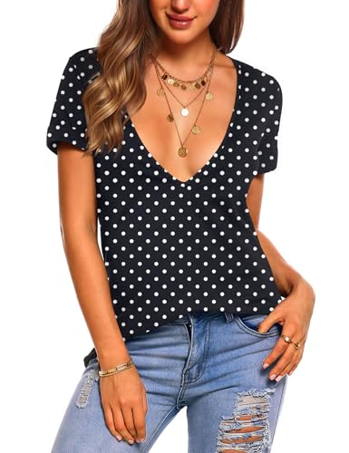 Zeagoo Sexy Tops for Women Deep V Neck Shirts Short Sleeve Blouses Summer Low Cut Tshirt Spring Outfits, Polka Dot 3XL