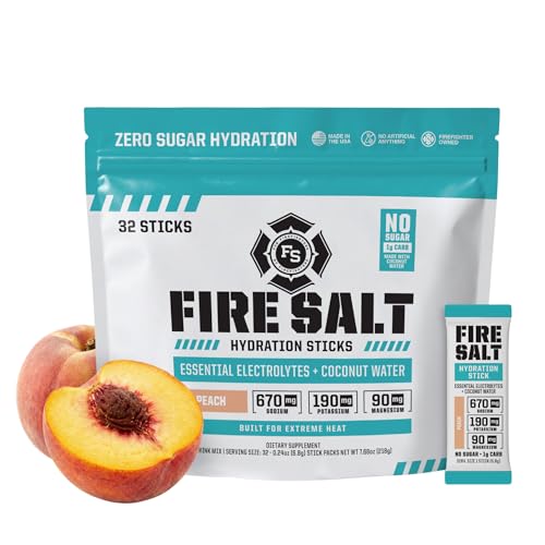 Fire Science Fire Salt Hydration Sticks, Electrolytes & Coconut Water, Hydration Drink Mix with Magnesium, Potassium & Sodium, Zero Sugar, Single Serve On The Go Packs, Vegan, Peach Flavor, 32 Count