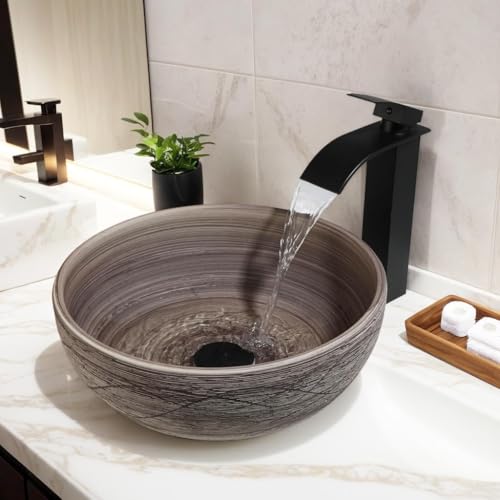 Image of Backline Matte Brown Ceramic Vintage Wash Basin | Small Round Basin | Above Counter Table Top | Bathroom Sink | Designer Art Basin for Bathroom, Vanity & Living Space (35x35x14 cm) (5 Years Warranty)