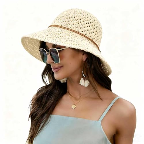 Image of Women Wide Brim Sun Hat UPF50 Straw Summer Hat Floppy Beach Hat Roll-Up