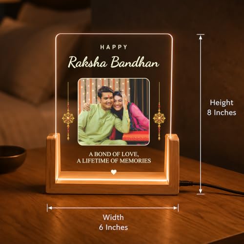 Image of Giftplease Personalized Raksha Bandhan LED Acrylic Photo Frame with Custom Picture and Message, Wooden USB Night Lamp, Brother Sister Festival, Rakhi, Rakshabandhan, Table Decor, Engraved Memory Keepsake