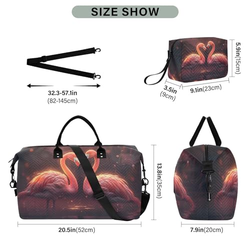 Large Travel Duffel Bag, Heart Flamingo Sports Tote Gym Bag, Shoulder Weekender Overnight Bag for Women Men, Carry On Luggage with Toiletry Bags3