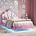 Kinderbett 90x200, Kronen-Prinzessinnenbet mit Höhenverstellbarem LED Kopfteil und Lattenrost, Bett Polsterbett Mädchenbett Rückenlehne Bettgestell, Polsterung aus PU-Leder (Rosa-029, 90x200cm)