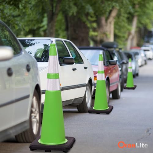 OranLite 6 Pack 36\" Large-Sized PVC Traffic Cones with Heavy-Duty Black Base, Garage Parking Lot Cones Structurally Stable Weatherproof Road Construction Safety Cones (6, Green, 36\" Extra Large)