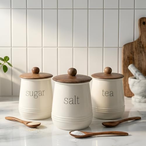 Image of Stylish Airtight Container for Kitchen, Tea Sugar Salt Storage, White, Metal with Wooden Lid & Spoon, 1000ml, Canister for Kitchen Counter top | Food-Safe Jar Set of 3 (Tea Sugar & Salt)