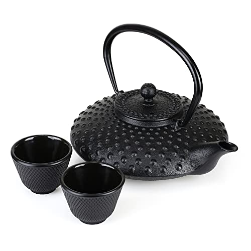 Vobeiy 0.8 Litre Théière en fonte avec tasse,japonaise theiere emaillee avec infuseur set avec support,B-Noir Cover