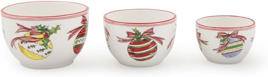 Boston International Holiday Ceramic Nesting Prep Bowls, 3 Sizes, Pinecones & Bells