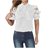 JOAU Women's Dressy Bow-Tie Neck Blouse Summer Fashion Mesh Appliques Puff Short Sleeve Shirts Elegant Tunic Tops 2025 Trendy White