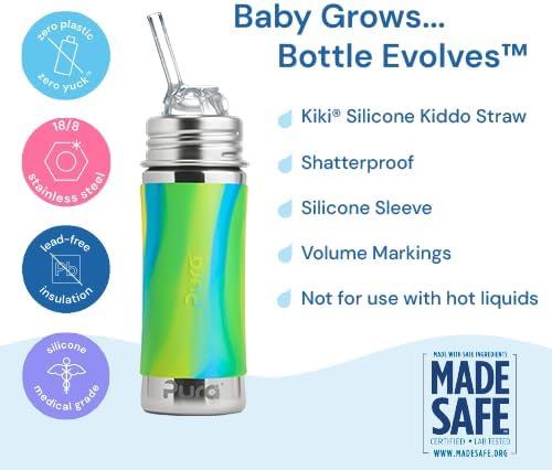 Pura Kiki 11oz/325ml Stainless Steel Straw Bottle w/Sleeve - 100% Plastic-Free, MadeSafe Certified, 100% Medical-Grade Silicone Straw for Kids, Toddlers, Preschoolers, Babies & Infant - New Mint - Image 4