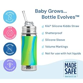 Pura Kiki 11oz/325ml Stainless Steel Straw Bottle w/Sleeve, 100% Plastic-Free, MadeSafe Certified, 100% Medical-Grade Silicone Straw for Kids, Toddlers, Preschoolers, Babies & Infant - New Pink Swirl