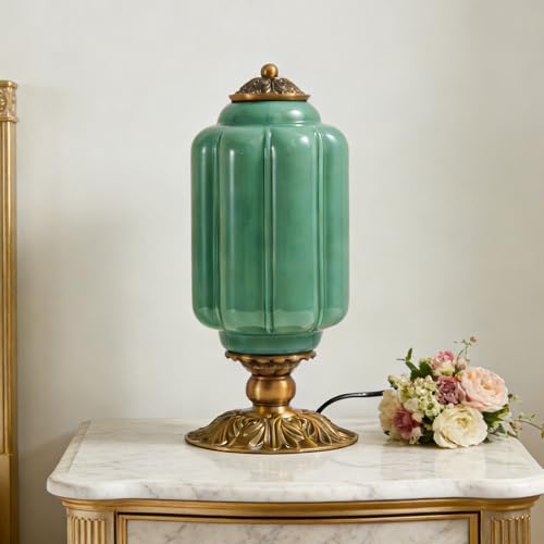 DLITISH Vintage Green Milk Glass Table Lamp with Antique Metal