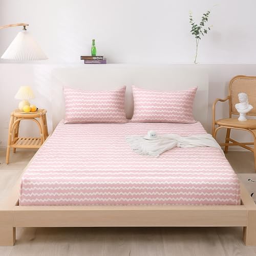 Image of Soft Comfortable 300 TC Cotton Elastic Fitted Bedsheet Queen Size Double Bed with 2 Pillow Covers (60 inch x 78 inch inch) (Fitted) (Blossom Pink)