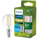 Philips Classic ultraeffiziente LED-Lampe mit Energieeffizienzklasse A, ersetzt 40W, E14 Sockel, Tropfenform, Klar, warmweißes Licht (2700K), neue Generation, Warmweiß