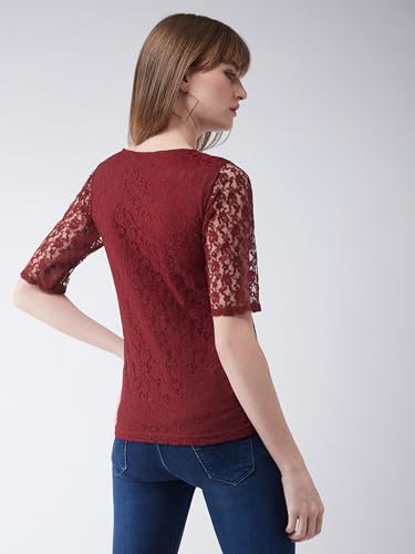 Image of Miss Chase Women's Round Neck Half Sleeves Cotton Lace and Pearl Detailing