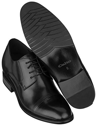 Image of CALTO Men's Invisible Height Increasing Elevator Shoes - Black Premium Leather Lace-up Formal Oxfords - 3 Inches Taller - Y1004 - Size 9.5 D(M) US