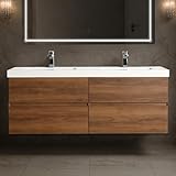Blossom 60 Inch Double Sink Bathroom Vanity, All Wood Wall Mounted Floating Bathroom Vanity with Acrylic Sinks, Soft Close Drawers, Bathroom Storage and Integrated Basin, Brown Walnut Finish